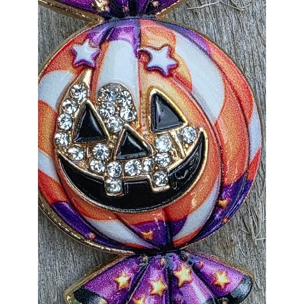 Halloween Jack-O-Lantern Candy Brooch Enamel Rhinestone Pumpkin Pendant Pin